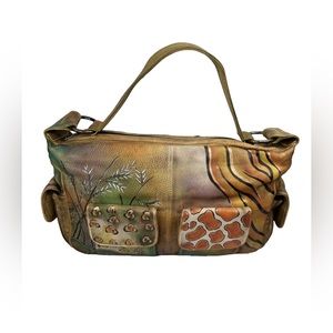 ANUSCHKA GENUINE‎ LEATHER HAND PAINTED Shoulder Bag Purse w Pockets and Zippers